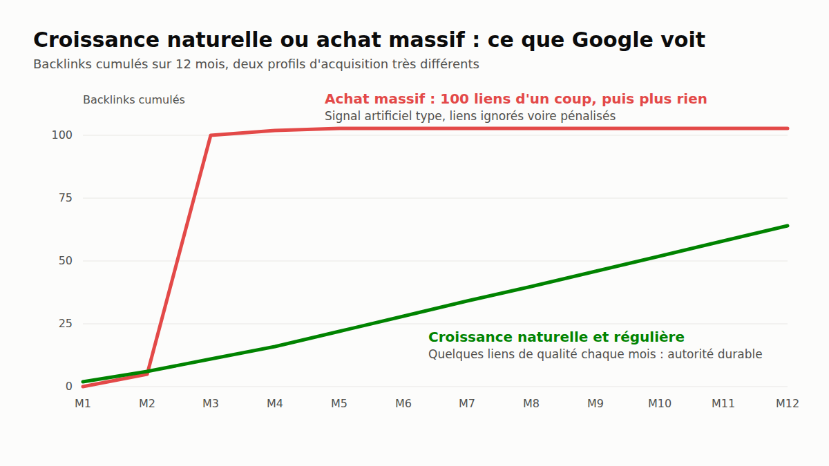 Comparaison entre une croissance naturelle de backlinks et un achat massif de liens