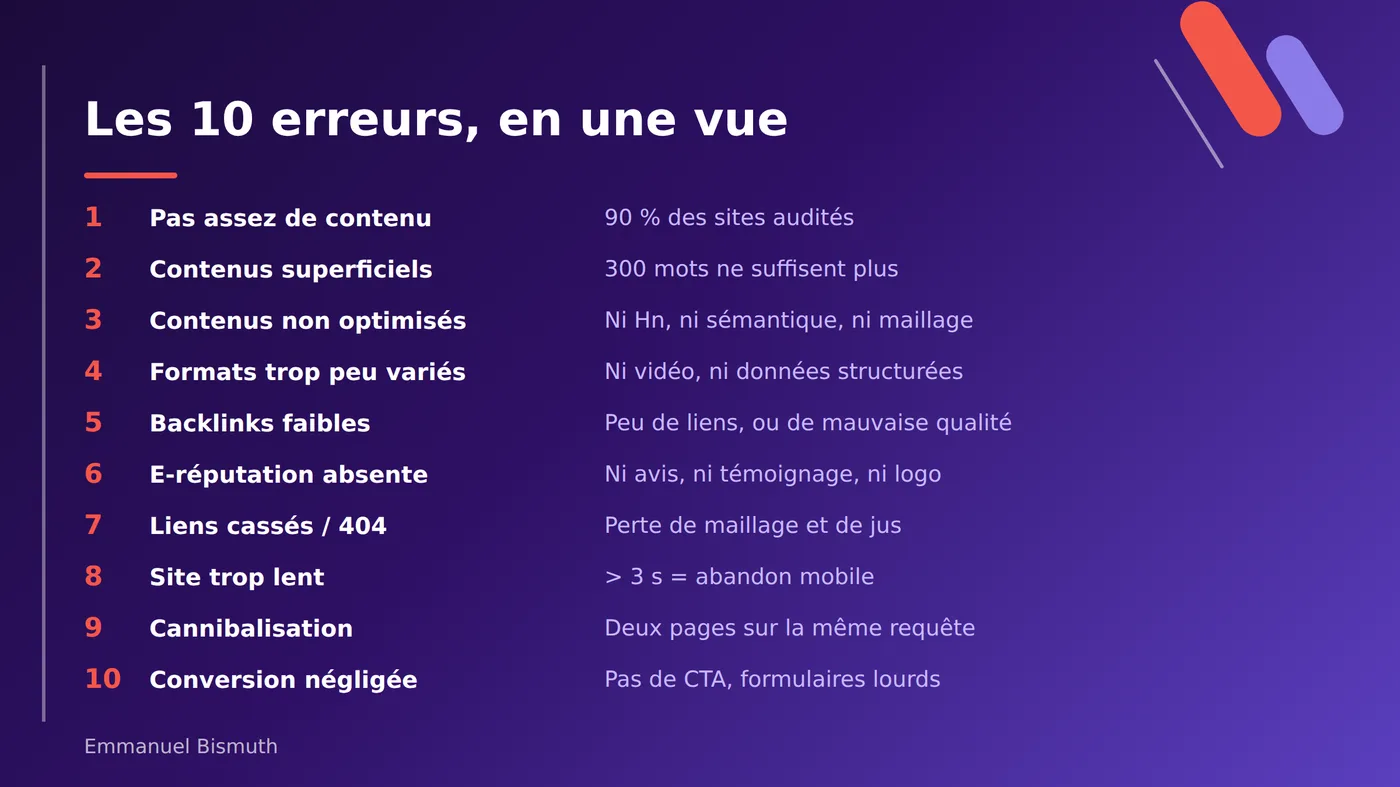 Les 10 erreurs SEO en une vue : contenu, optimisation, formats, backlinks, e-réputation, technique, conversion
