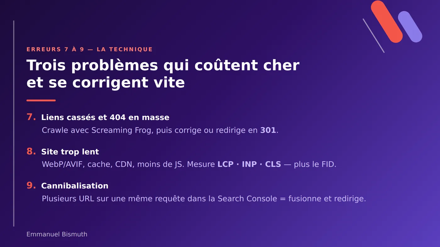 Erreurs 7 à 9 : liens cassés, lenteur et cannibalisation, et comment les corriger