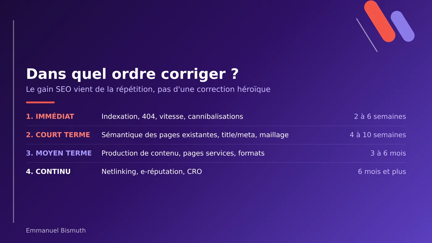 Dans quel ordre corriger les erreurs SEO : immédiat, court terme, moyen terme, continu