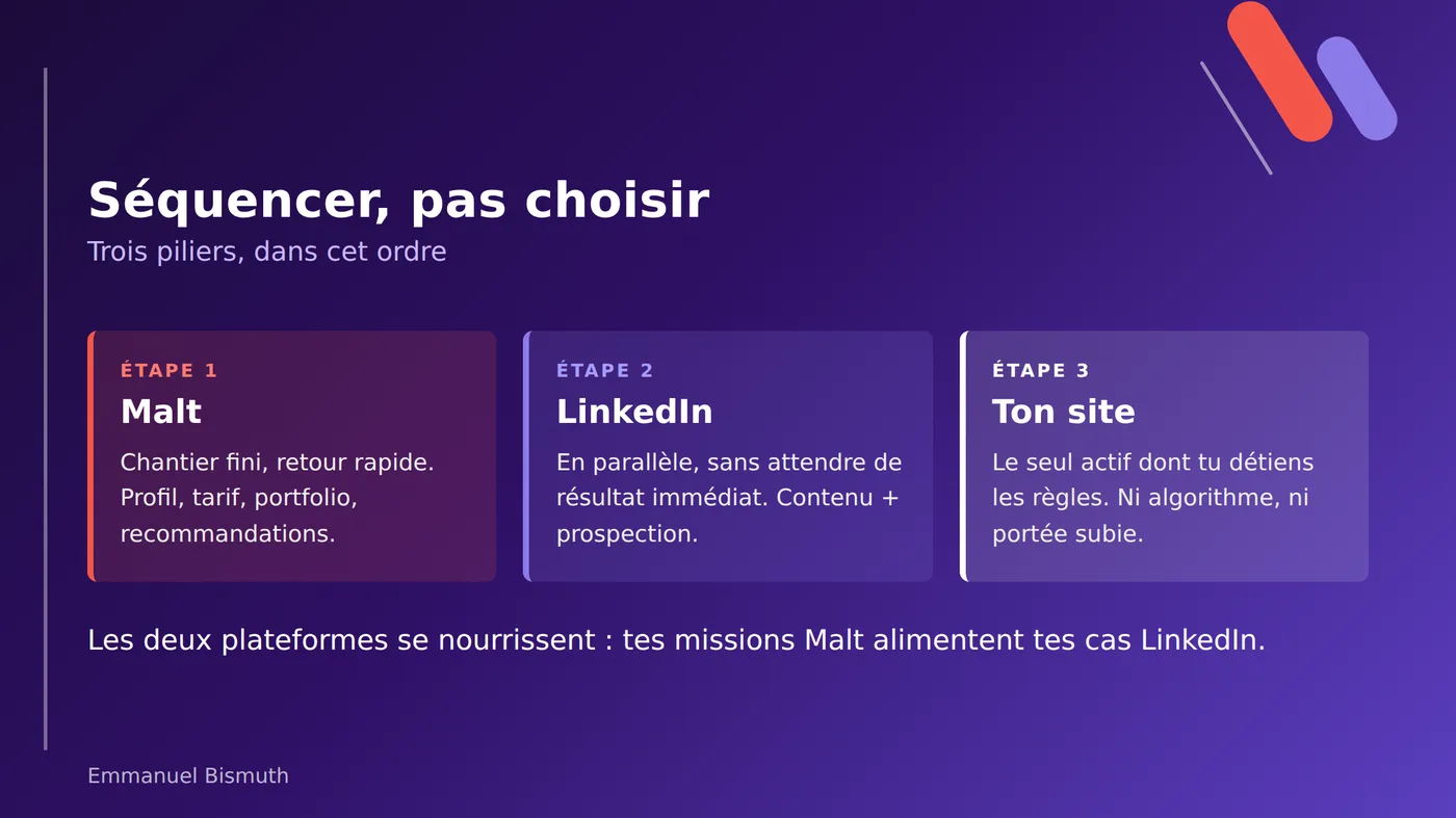 Séquencer Malt, LinkedIn puis son propre site : les trois piliers de l'acquisition freelance