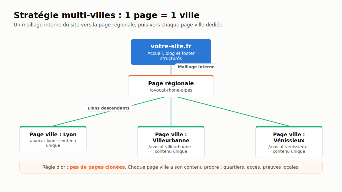 Schéma d'une stratégie SEO multi-villes avec des pages locales dédiées