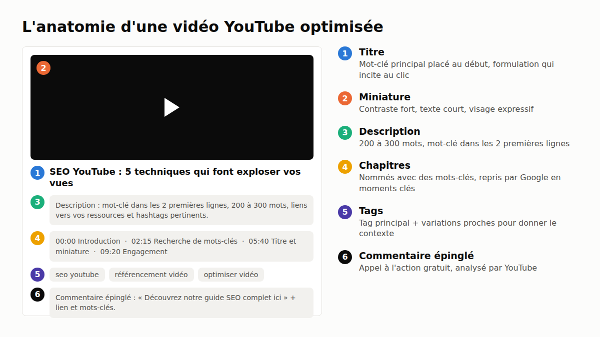 Les éléments d'optimisation SEO d'une vidéo YouTube annotés sur une page vidéo